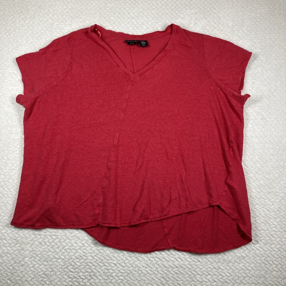 Tahari Shirt Womens 3X Pink 100% Linen VNeck Short Sleeve Breathable Asymetrical